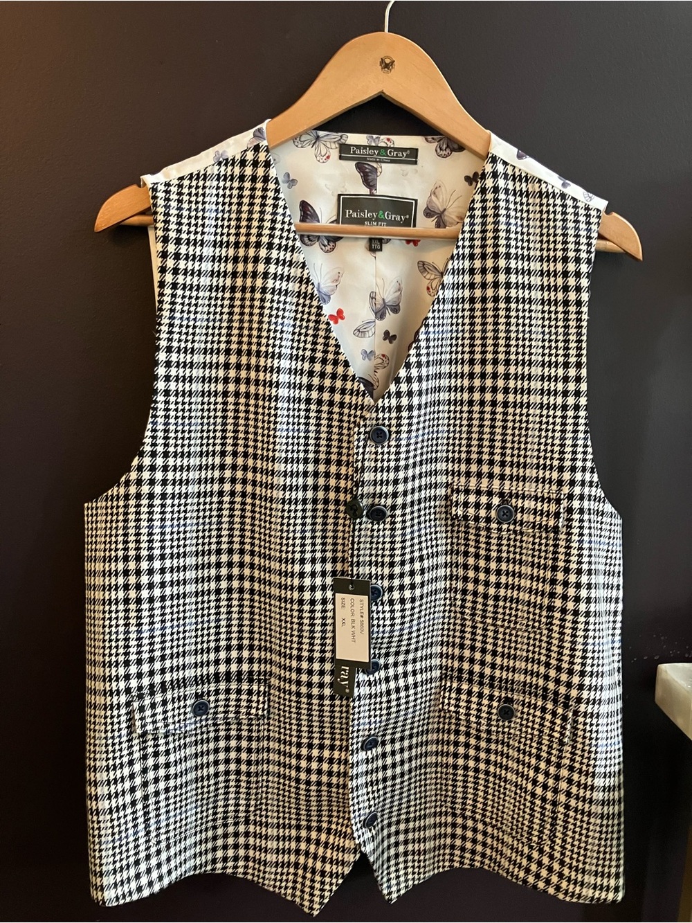 Paisley & Gray Black and White Houndstooth Vest with Butterfly Lining size XXL
